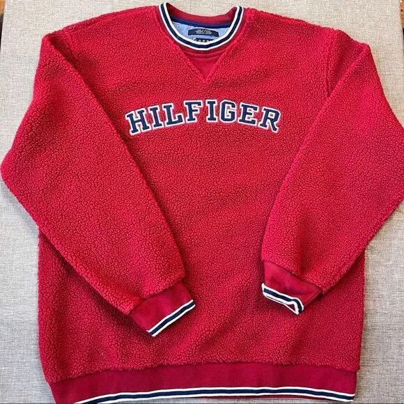 Vintage 90s Y2K Tommy Jeans Hilfiger Deep Pile Sherpa Fleece Pullover Crewneck M